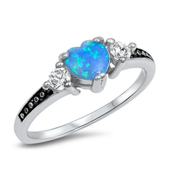 CHOOSE YOUR COLOR Blue Simulated Opal Heart White CZ Promise Ring .925 Sterling Silver Band Female Size 6