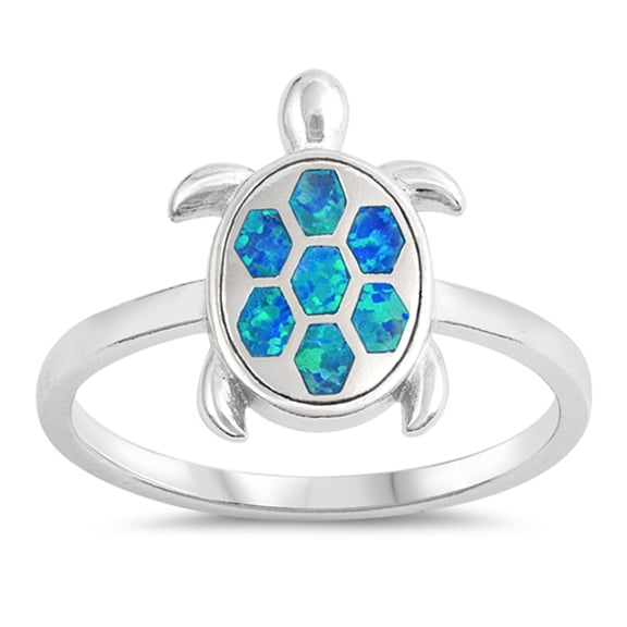 CHOOSE YOUR COLOR Blue Simulated Opal Hexagon Turtle Tropical Animal 925 Sterling Silver Ring CZ Female Size 5