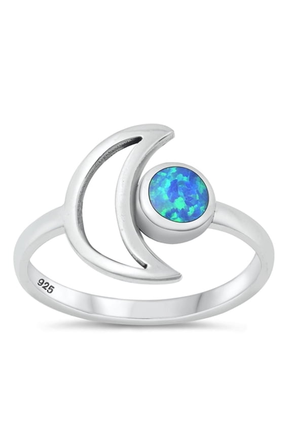 CHOOSE YOUR COLOR Blue Simulated Opal High Polished Ring .925 Sterling Silver Moon Band CZ Female Size 9