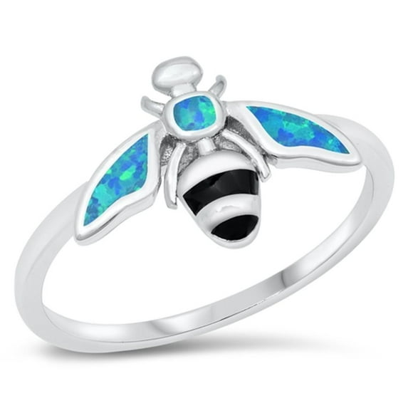 CHOOSE YOUR COLOR Blue Simulated Opal Honey Bee Ring .925 Sterling Silver Band CZ Female Size 9