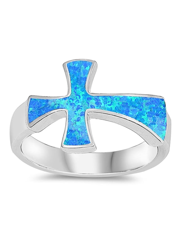 CHOOSE YOUR COLOR Blue Simulated Opal Large Wide Heavy Cross Ring .925 Sterling Silver Band CZ Female Size 10