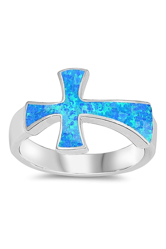 CHOOSE YOUR COLOR Blue Simulated Opal Large Wide Heavy Cross Ring .925 Sterling Silver Band CZ Female Size 9