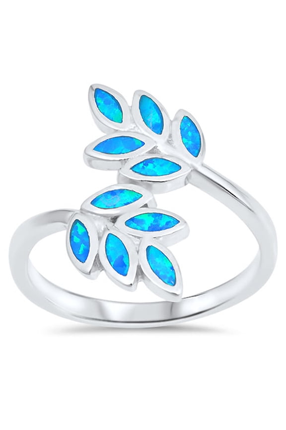 CHOOSE YOUR COLOR Blue Simulated Opal Leaf Branch Vine Tree Ring 925 Sterling Silver Band CZ Female Size 8
