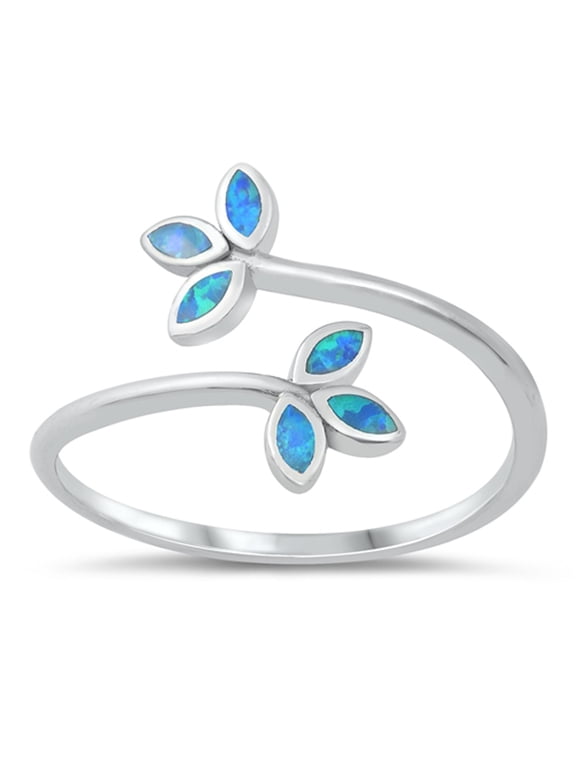 CHOOSE YOUR COLOR Blue Simulated Opal Leaves Open Promise Ring .925 Sterling Silver Band CZ Female Size 5