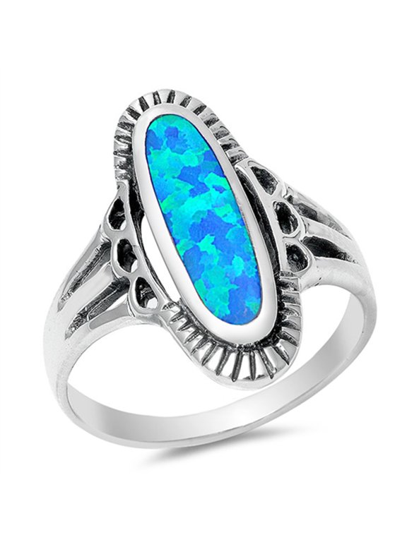 CHOOSE YOUR COLOR Blue Simulated Opal Long Oval Ring .925 Sterling Silver Celtic Band CZ Female Size 4
