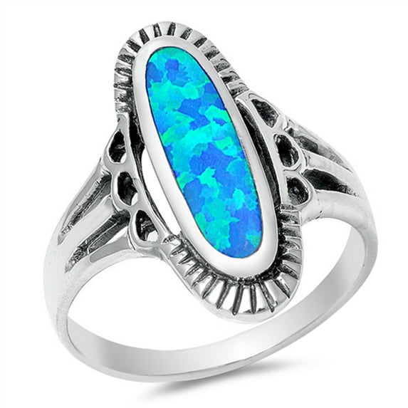 CHOOSE YOUR COLOR Blue Simulated Opal Long Oval Ring .925 Sterling Silver Celtic Band CZ Female Size 7