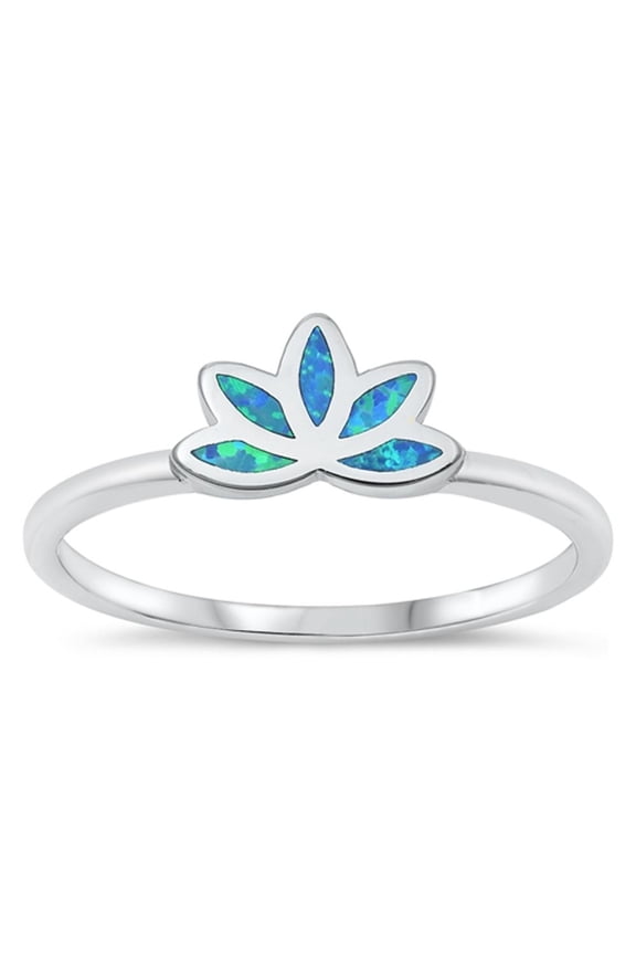 CHOOSE YOUR COLOR Blue Simulated Opal Lotus Flower Ring .925 Sterling Silver Band CZ Female Size 8