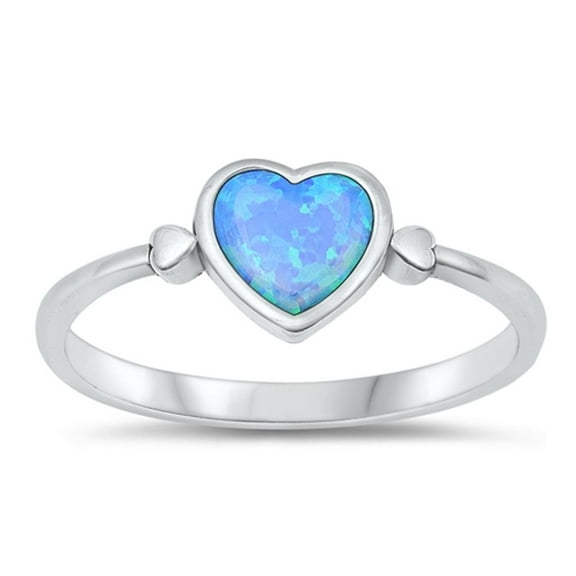 CHOOSE YOUR COLOR Blue Simulated Opal Love Ring .925 Sterling Silver Heart Band CZ Female Size 7