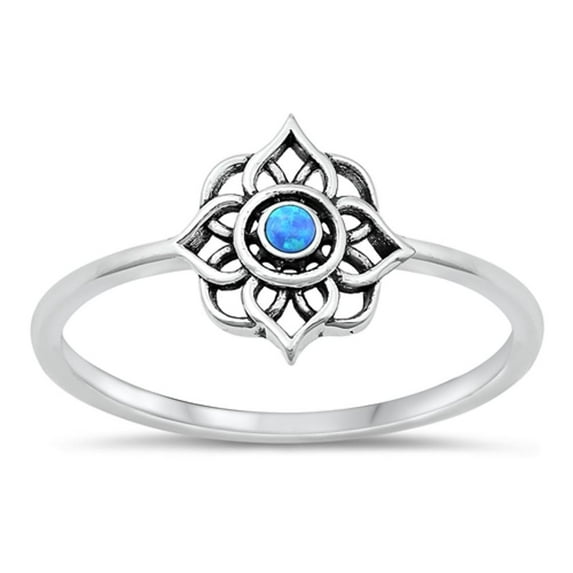 CHOOSE YOUR COLOR Blue Simulated Opal Mandala Lotus Ring .925 Sterling Silver Band CZ Female Size 7