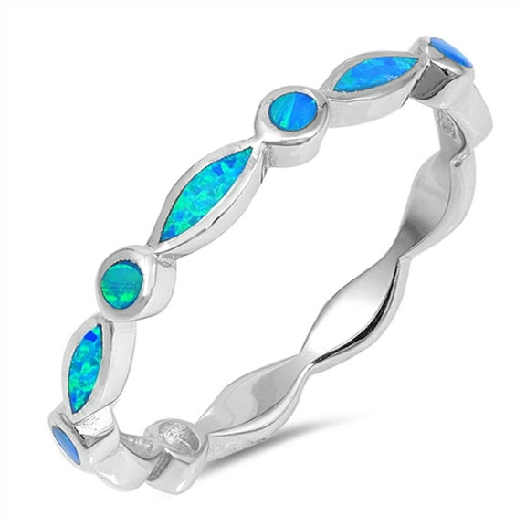 CHOOSE YOUR COLOR Blue Simulated Opal Marquise Circle Eternity Ring .925 Sterling Silver Band CZ Female Size 8
