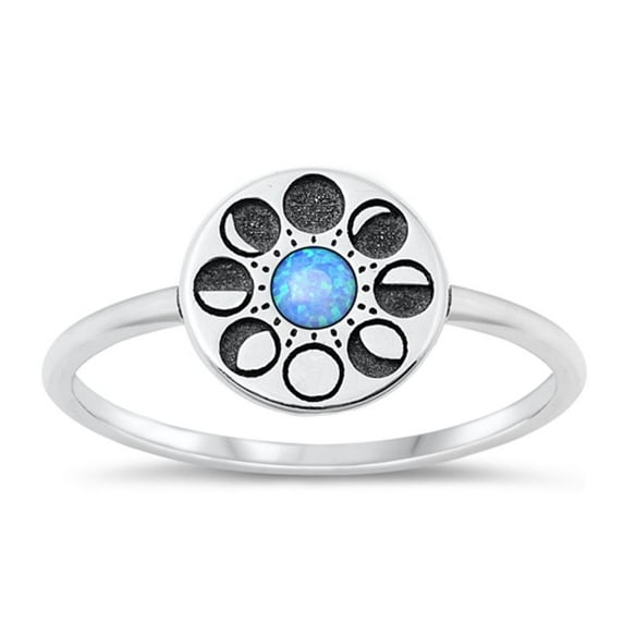 CHOOSE YOUR COLOR Blue Simulated Opal Moon Phase Ring .925 Sterling Silver Band CZ Female Size 8