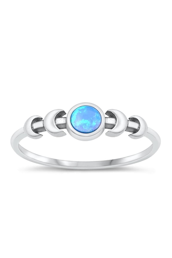 CHOOSE YOUR COLOR Blue Simulated Opal Moon Ring .925 Sterling Silver Band CZ Female Size 5