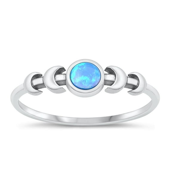 CHOOSE YOUR COLOR Blue Simulated Opal Moon Ring .925 Sterling Silver Band CZ Female Size 9