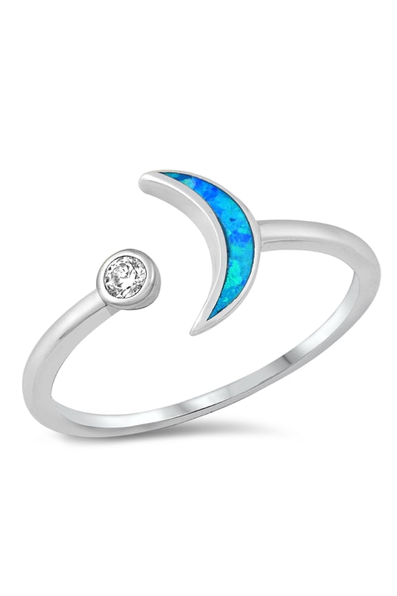 CHOOSE YOUR COLOR Blue Simulated Opal Moon Star Ring .925 Sterling Silver Band CZ Female Size 5