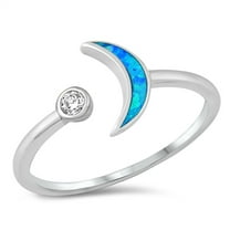 CHOOSE YOUR COLOR Blue Simulated Opal Moon Star Ring .925 Sterling Silver Band CZ Female Size 7