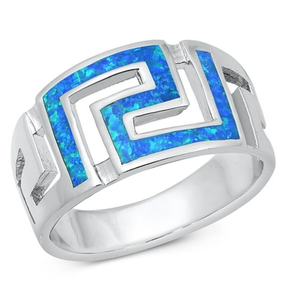 CHOOSE YOUR COLOR Blue Simulated Opal Mosaic Greek Key Ring .925 Sterling Silver Band CZ Female Size 7