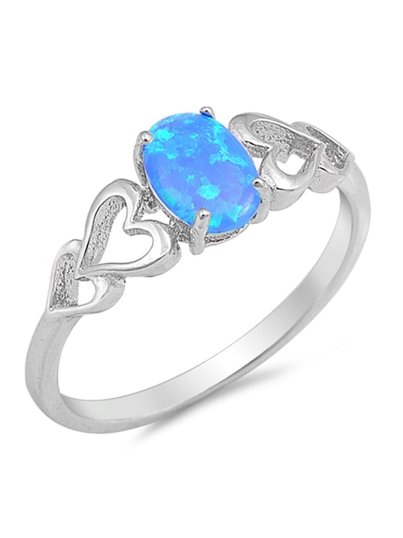 CHOOSE YOUR COLOR Blue Simulated Opal Oval Heart Cutout Promise Ring .925 Sterling Silver CZ Female Size 7