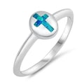 thumbnail image 1 of CHOOSE YOUR COLOR Blue Simulated Opal Oval Inset Cross Ring 925 Sterling Silver Band CZ Female Size 6, 1 of 4