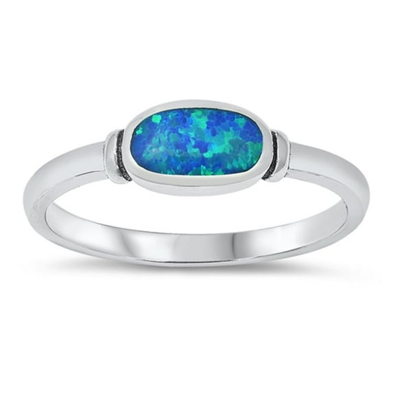 CHOOSE YOUR COLOR Blue Simulated Opal Oval Ring .925 Sterling Silver Band CZ Female Size 5