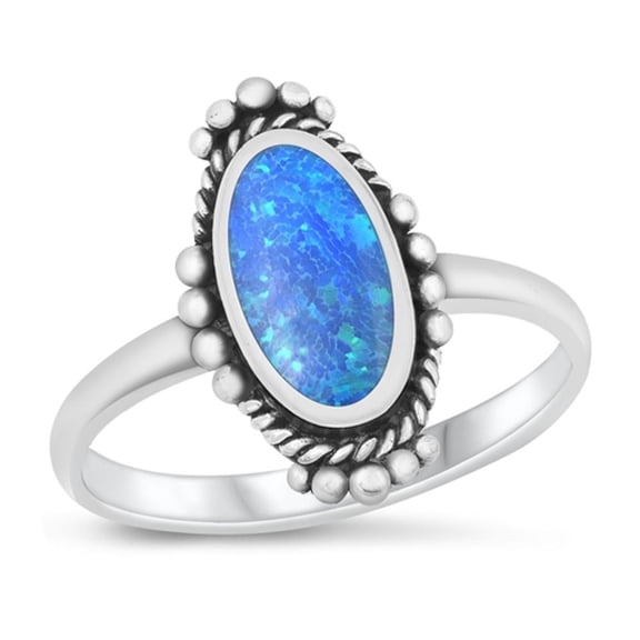 CHOOSE YOUR COLOR Blue Simulated Opal Oval Ring .925 Sterling Silver Band CZ Female Size 7