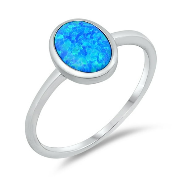CHOOSE YOUR COLOR Blue Simulated Opal Oval Solitaire Ring .925 Sterling Silver Band CZ Female Size 6