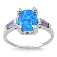 thumbnail image 1 of CHOOSE YOUR COLOR Blue Simulated Opal Oval Wide Prong Ring .925 Sterling Silver Band Purple CZ Female Size 10, 1 of 4