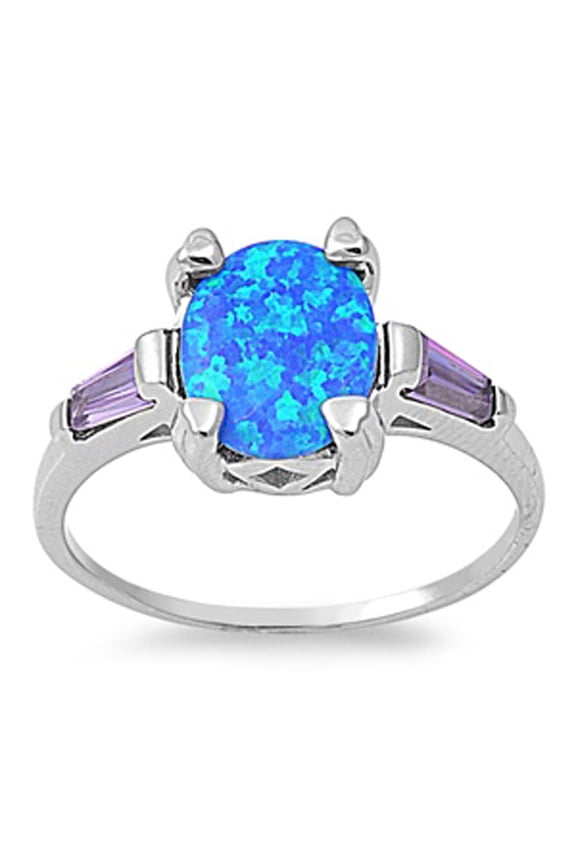 CHOOSE YOUR COLOR Blue Simulated Opal Oval Wide Prong Ring .925 Sterling Silver Band Purple CZ Female Size 6