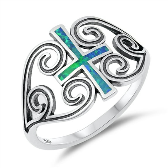 CHOOSE YOUR COLOR Blue Simulated Opal Oxidized Heart Cross Filigree Ring Sterling Silver Band CZ Female Size 7