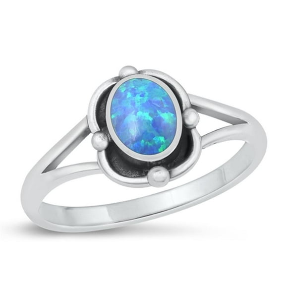 CHOOSE YOUR COLOR Blue Simulated Opal Oxidized Ring .925 Sterling Silver Band CZ Female Size 8