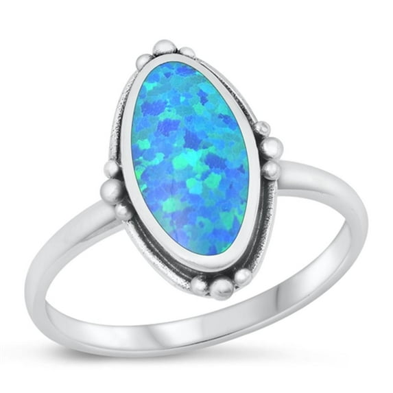 CHOOSE YOUR COLOR Blue Simulated Opal Oxidized Ring .925 Sterling Silver Band CZ Female Size 8