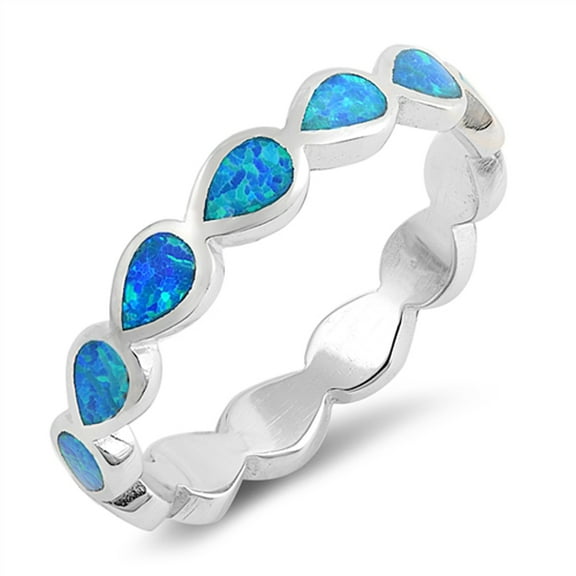CHOOSE YOUR COLOR Blue Simulated Opal Pear Teardrop Eternity Ring .925 Sterling Silver Band CZ Female Size 5