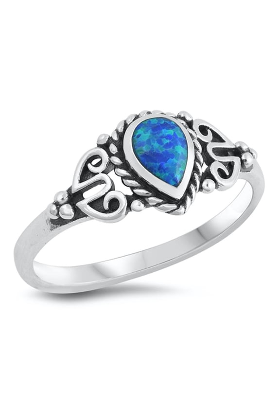 CHOOSE YOUR COLOR Blue Simulated Opal Pear Teardrop Rope Halo Ring Sterling Silver Boho Band CZ Female Size 8