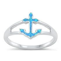 CHOOSE YOUR COLOR Blue Simulated Opal Promise Anchor Ring .925 Sterling Silver Band CZ Female Size 7