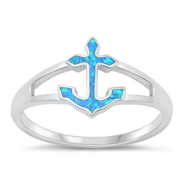 CHOOSE YOUR COLOR Blue Simulated Opal Promise Anchor Ring .925 Sterling Silver Band CZ Female Size 7