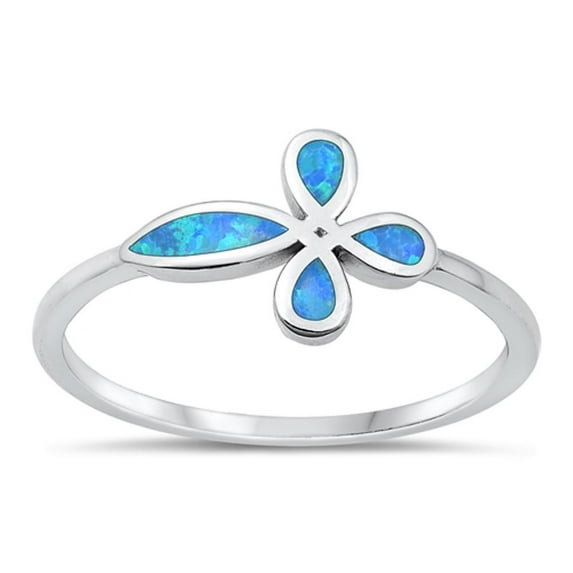 CHOOSE YOUR COLOR Blue Simulated Opal Promise Cross Ring .925 Sterling Silver Band CZ Female Size 8