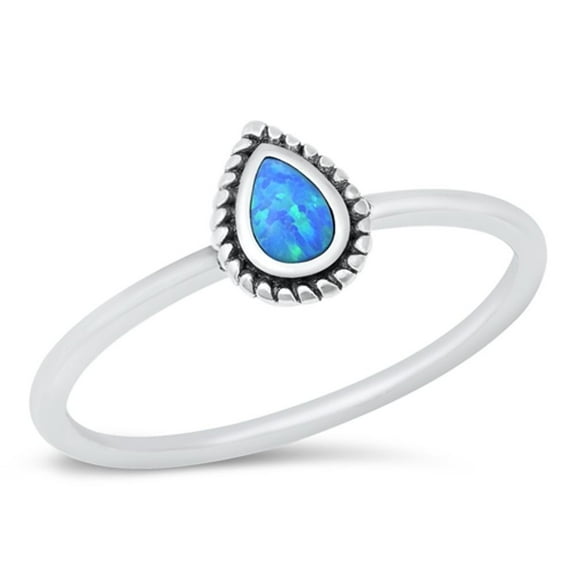 CHOOSE YOUR COLOR Blue Simulated Opal Promise Tear Drop Ring .925 Sterling Silver Band CZ Female Size 5