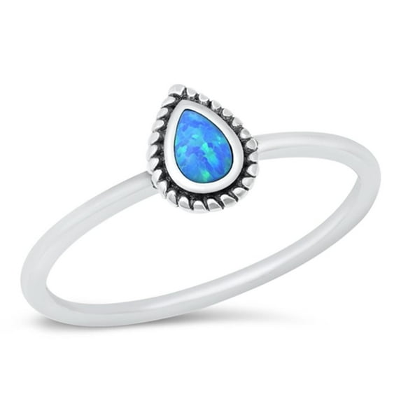 CHOOSE YOUR COLOR Blue Simulated Opal Promise Tear Drop Ring .925 Sterling Silver Band CZ Female Size 8