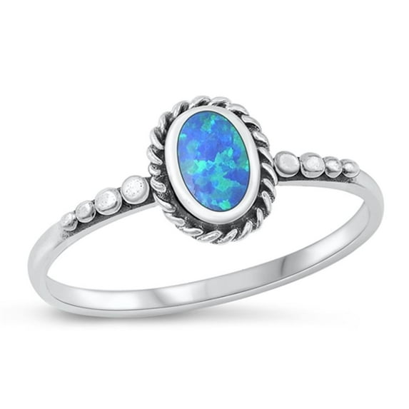 CHOOSE YOUR COLOR Blue Simulated Opal Ring .925 Sterling Silver Bali Style Band CZ Female Size 9