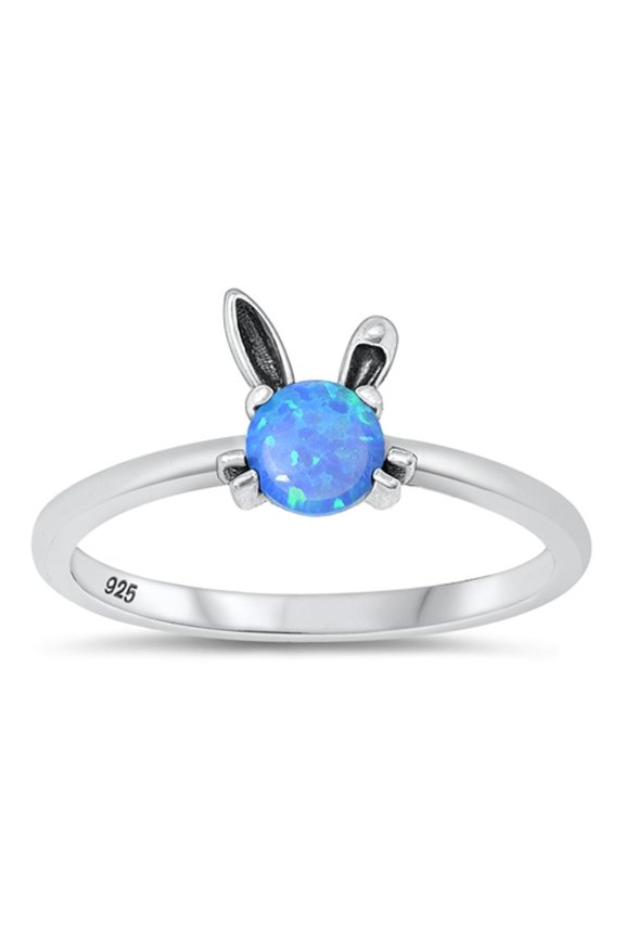 CHOOSE YOUR COLOR Blue Simulated Opal Ring .925 Sterling Silver Bunny Rabbit Band CZ Female Size 8