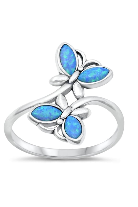 CHOOSE YOUR COLOR Blue Simulated Opal Ring .925 Sterling Silver Butterfly Band CZ Female Size 10
