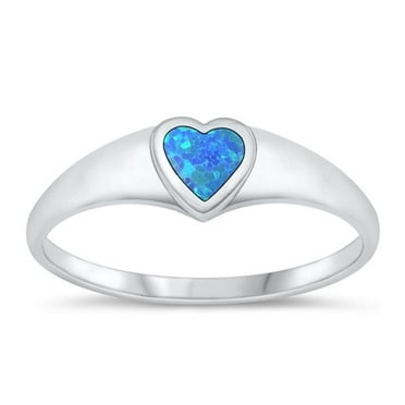 CHOOSE YOUR COLOR Blue Simulated Opal Ring .925 Sterling Silver Heart Love Band CZ Female Size 8