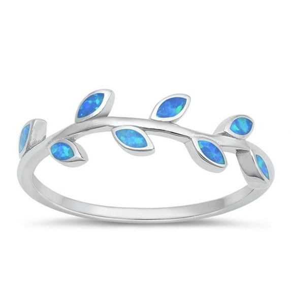 CHOOSE YOUR COLOR Blue Simulated Opal Ring .925 Sterling Silver Leaf Band CZ Female Size 5