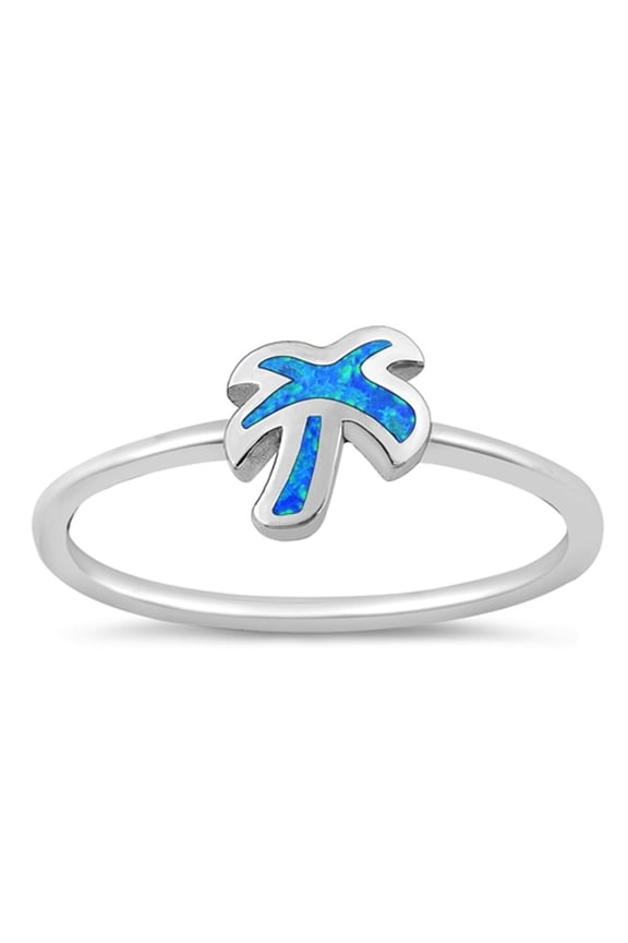 CHOOSE YOUR COLOR Blue Simulated Opal Ring .925 Sterling Silver Palm Tree Band CZ Female Size 9