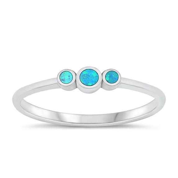 CHOOSE YOUR COLOR Blue Simulated Opal Ring .925 Sterling Silver Trinity Band CZ Female Size 9