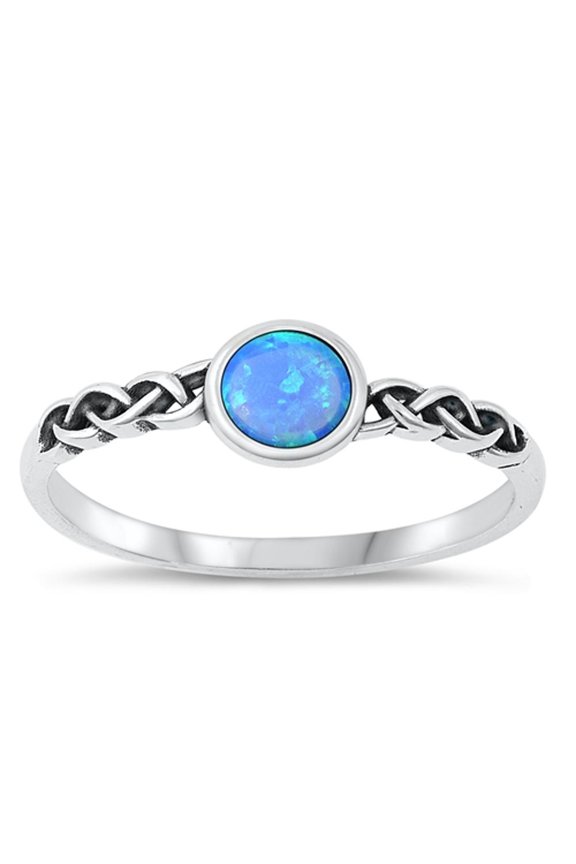 CHOOSE YOUR COLOR Blue Simulated Opal Ring .925 Sterling Silver Woven Rope Band CZ Female Size 4