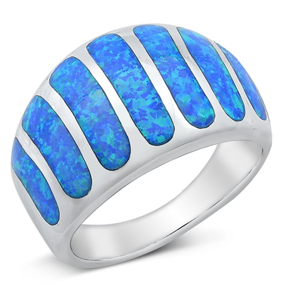 CHOOSE YOUR COLOR Blue Simulated Opal Scalloped Line Ring .925 Sterling Silver Band CZ Female Size 7