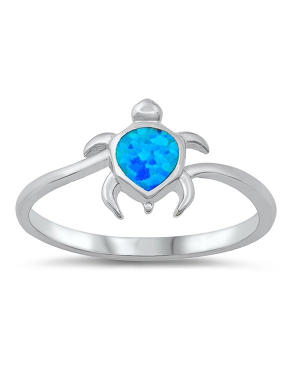 CHOOSE YOUR COLOR Blue Simulated Opal Sea Turtle Ring .925 Sterling Silver Band CZ Female Size 6