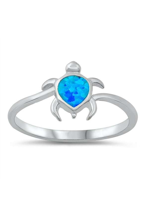 CHOOSE YOUR COLOR Blue Simulated Opal Sea Turtle Ring .925 Sterling Silver Band CZ Female Size 8