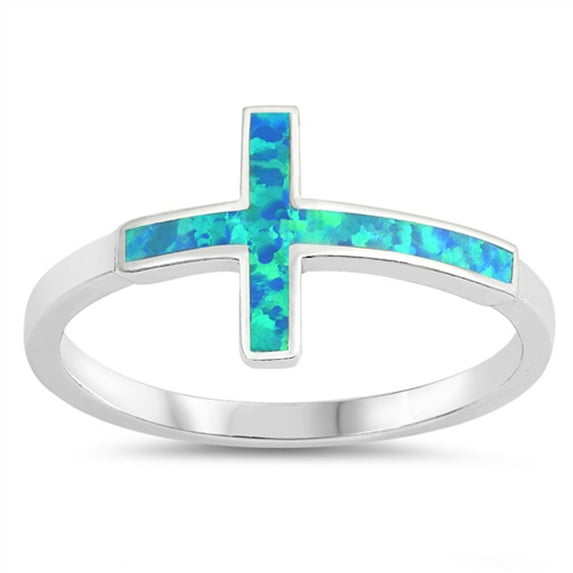 CHOOSE YOUR COLOR Blue Simulated Opal Sideways Cross Christian Midi Ring Sterling Silver Band CZ Female Size 8