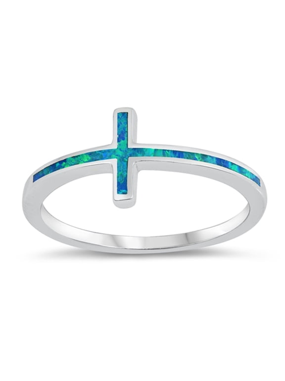 CHOOSE YOUR COLOR Blue Simulated Opal Sideways Cross Christian Ring .925 Sterling Silver Band CZ Female Size 4